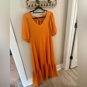 Gibson Latimer Women's Dress Orange Maxi Flowy Bow Detail Puff Sleeve